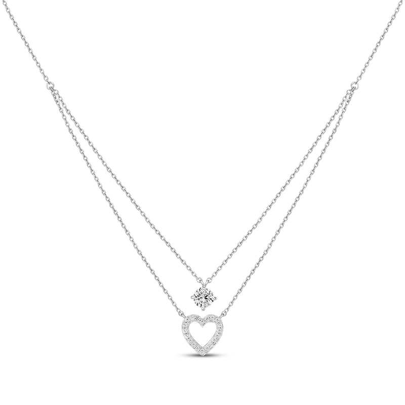 White Round-Cut Lab-Created Sapphire Solitaire & Heart Layered Necklace Sterling Silver 18"