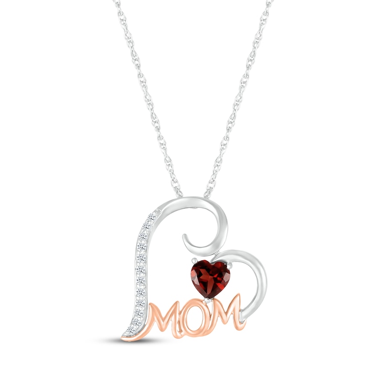 Heart-Shaped Garnet & White Lab-Created Sapphire "Mom" Heart Necklace 10K Rose Gold & Sterling Silver 18"