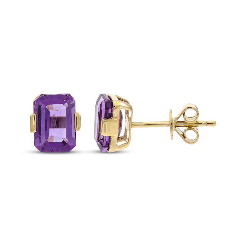Main Image 1 of Emerald-Cut Amethyst Solitaire Stud Earrings 10K Yellow Gold