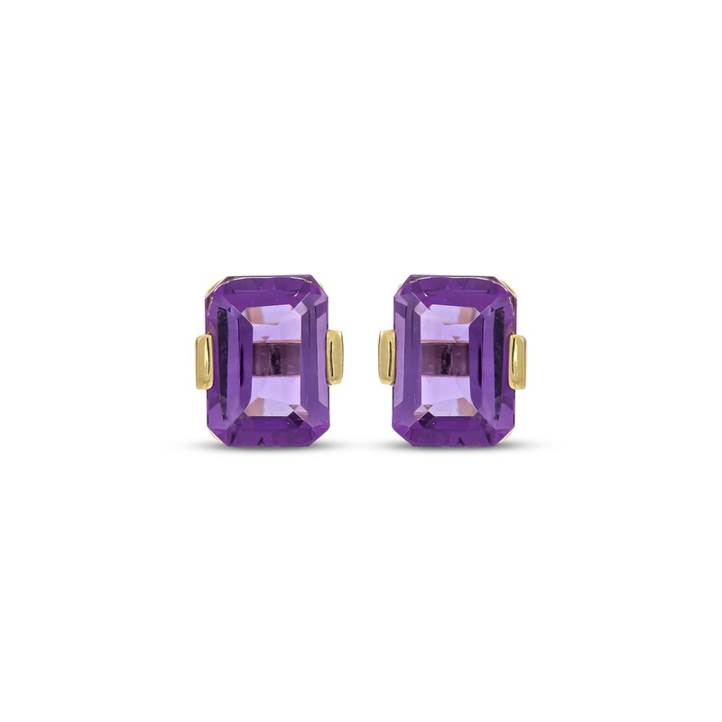 Main Image 2 of Emerald-Cut Amethyst Solitaire Stud Earrings 10K Yellow Gold