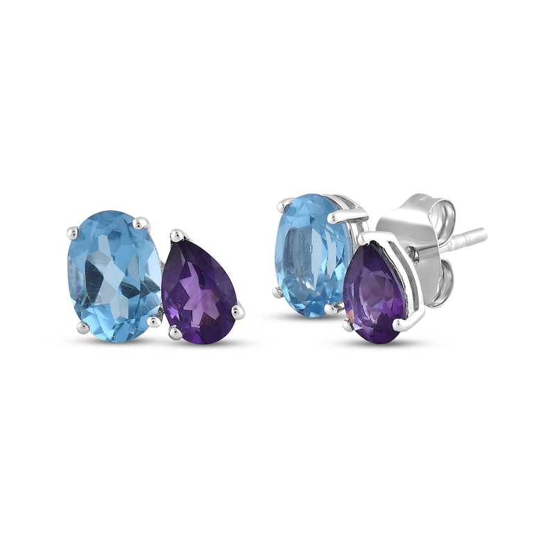Main Image 1 of Oval-Cut Swiss Blue Topaz & Pear-Shaped Amethyst Earrings Sterling Silver