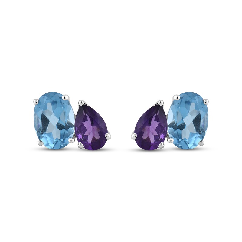 Main Image 2 of Oval-Cut Swiss Blue Topaz & Pear-Shaped Amethyst Earrings Sterling Silver
