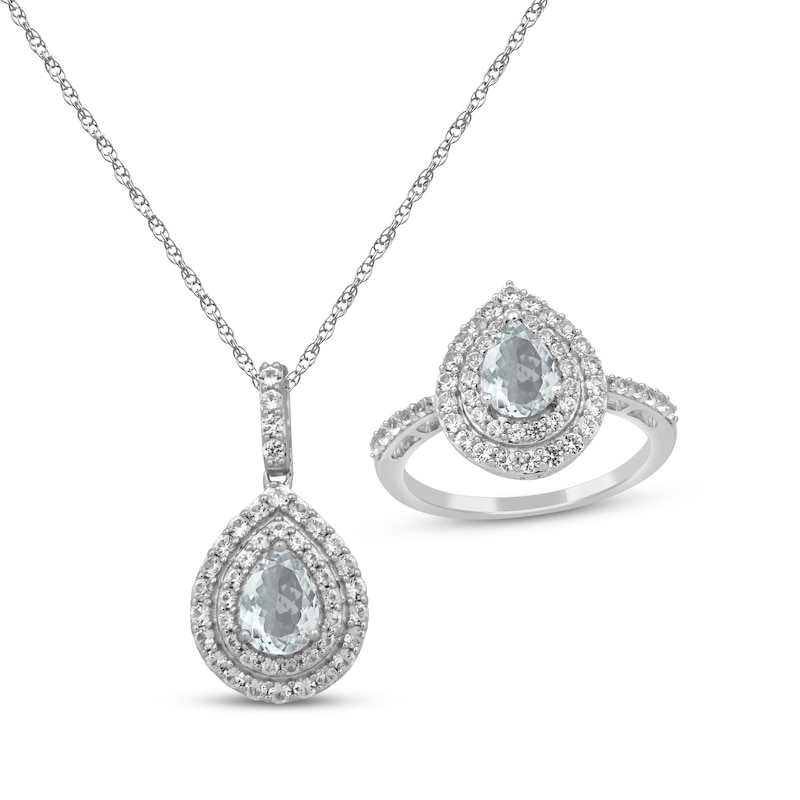 Main Image 1 of Pear-Shaped Aquamarine & White Lab-Created Sapphire Gift Set Sterling Silver - Size 7