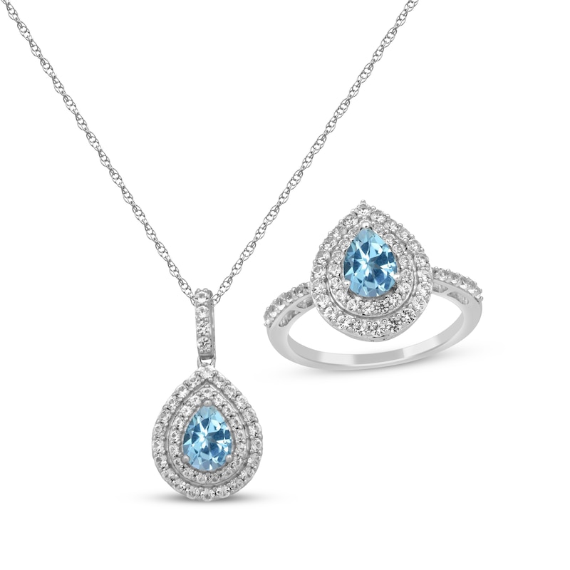 Pear-Shaped Swiss Blue Topaz & White Lab-Created Sapphire Gift Set Sterling Silver - Size 7