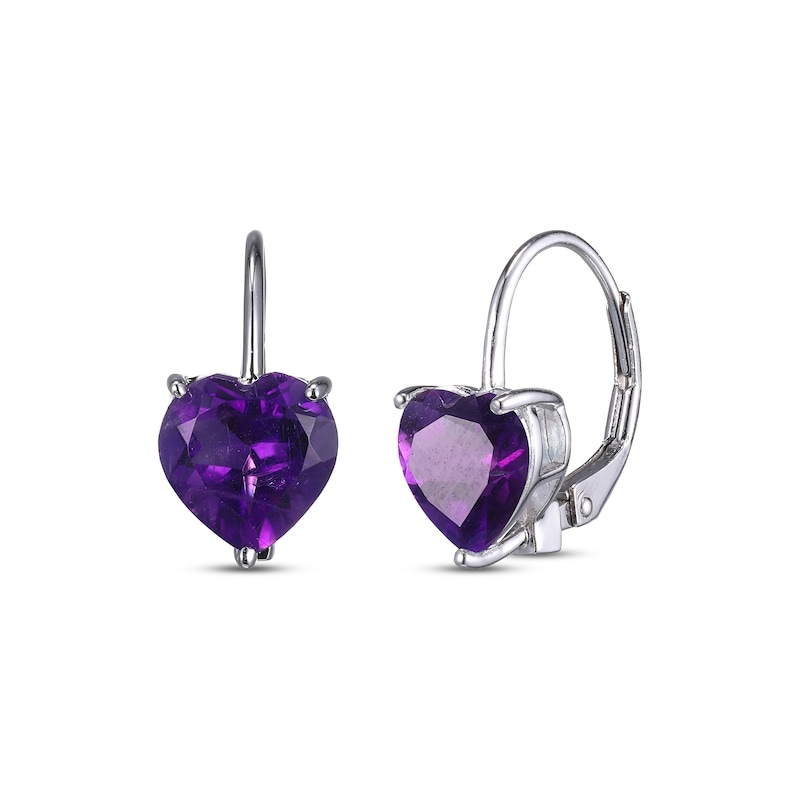 Main Image 1 of Heart-Shaped Amethyst Solitaire Earrings Sterling Silver