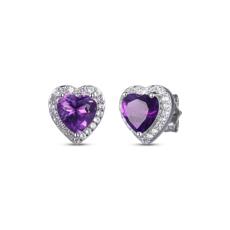 Heart-Shaped Amethyst & White Lab-Created Sapphire Stud Earrings Sterling Silver