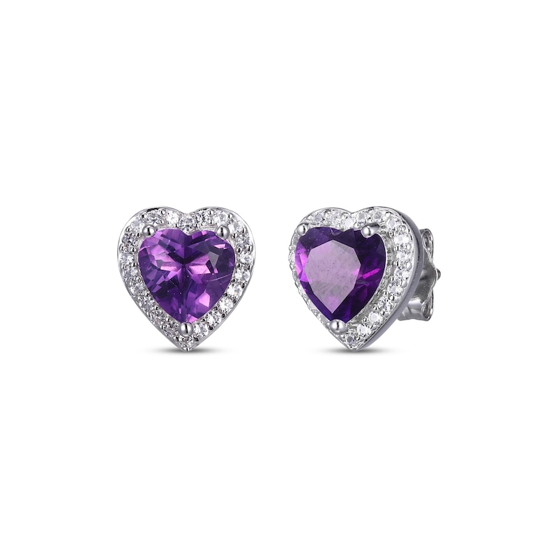 Main Image 1 of Heart-Shaped Amethyst & White Lab-Created Sapphire Stud Earrings Sterling Silver