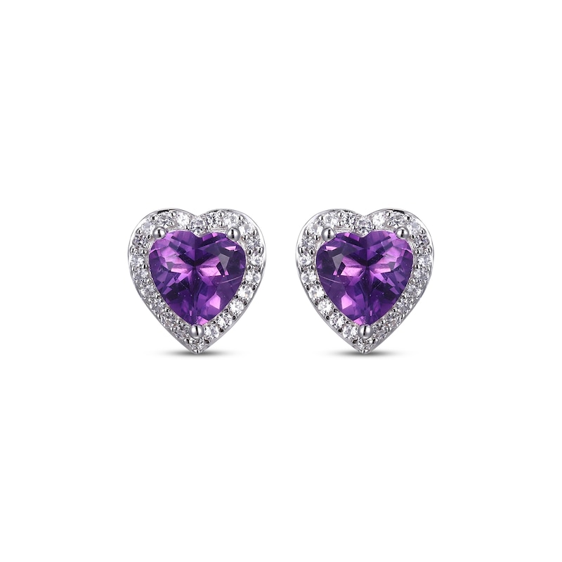 Main Image 2 of Heart-Shaped Amethyst & White Lab-Created Sapphire Stud Earrings Sterling Silver