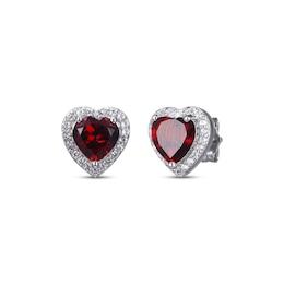 Heart-Shaped Garnet & White Lab-Created Sapphire Stud Earrings Sterling Silver