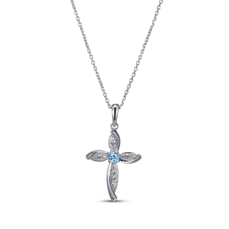 Main Image 1 of Round-Cut Swiss Blue Topaz & White Lab-Created Sapphire Cross Necklace Sterling Silver 18”