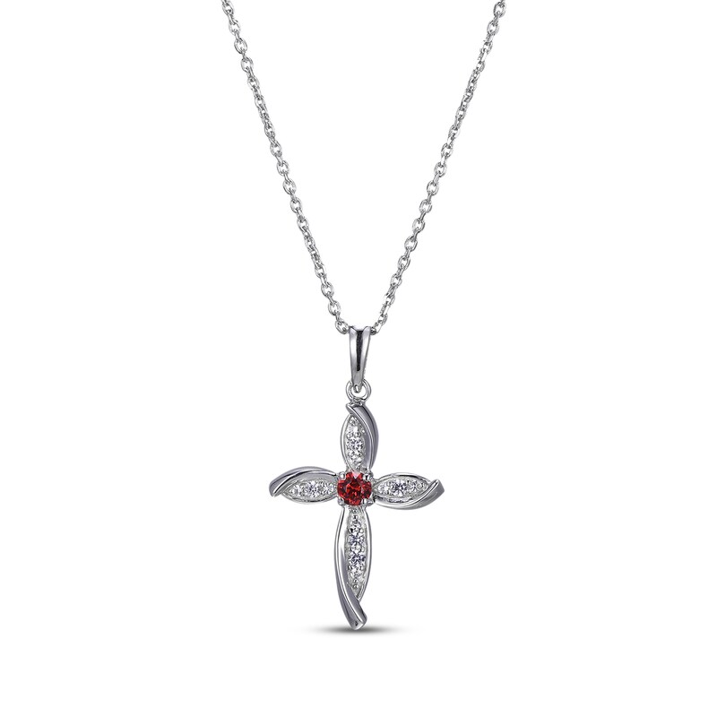 Main Image 1 of Round-Cut Garnet & White Lab-Created Sapphire Cross Necklace Sterling Silver 18”