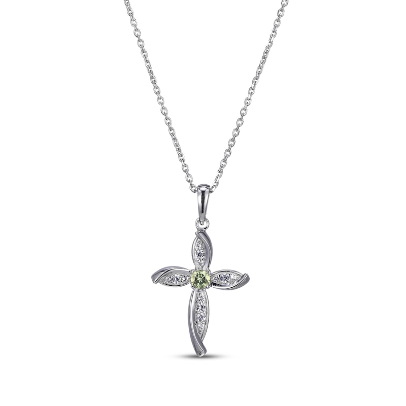 Main Image 1 of Round-Cut Peridot & White Lab-Created Sapphire Cross Necklace Sterling Silver 18”