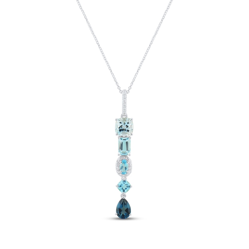 Main Image 1 of Multi-Shape Blue Topaz & Round-Cut Diamond Linear Drop Necklace 1/10 ct tw Sterling Silver 18”