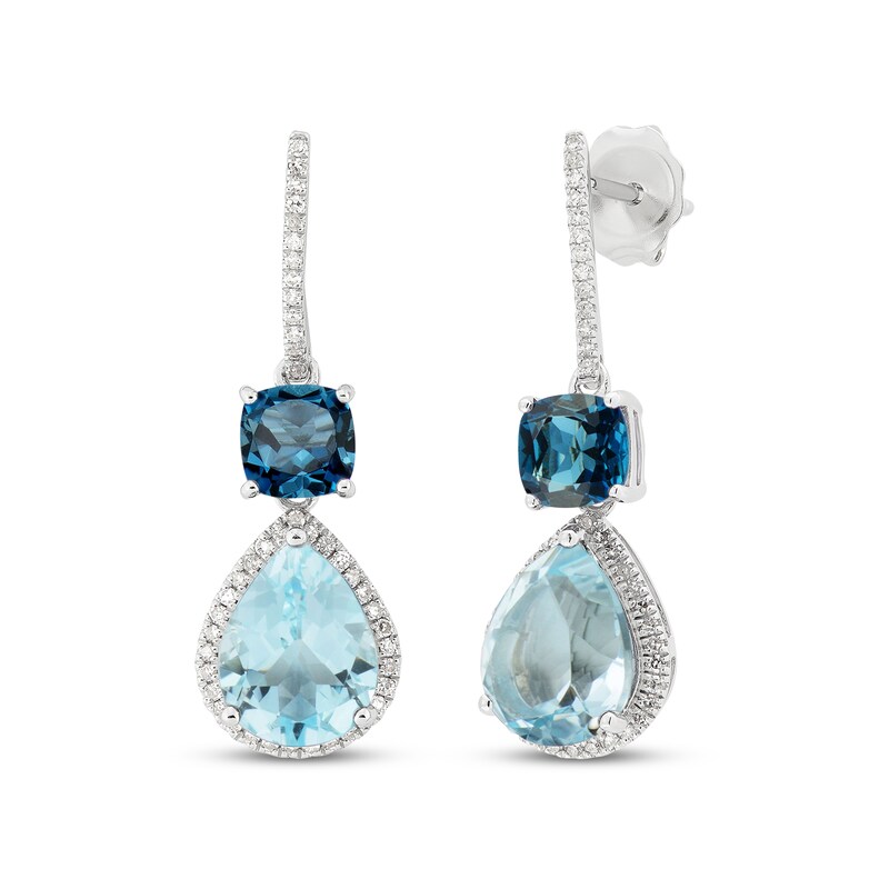 Main Image 1 of Cushion-Cut London Blue Topaz, Pear-Shaped Sky Blue Topaz & Round-Cut Diamond Drop Earrings 1/5 ct tw Sterling Silver