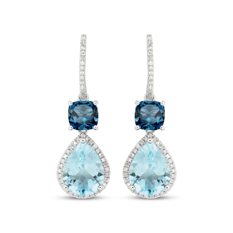 Main Image 2 of Cushion-Cut London Blue Topaz, Pear-Shaped Sky Blue Topaz & Round-Cut Diamond Drop Earrings 1/5 ct tw Sterling Silver