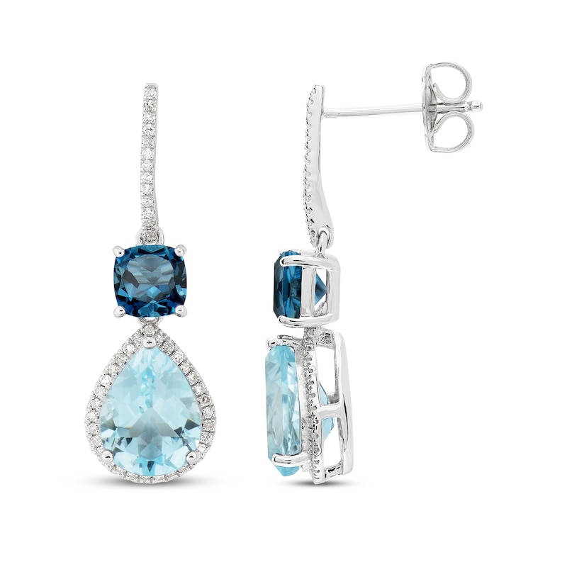 Main Image 3 of Cushion-Cut London Blue Topaz, Pear-Shaped Sky Blue Topaz & Round-Cut Diamond Drop Earrings 1/5 ct tw Sterling Silver