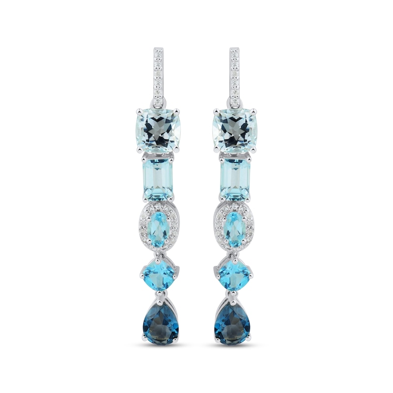 Main Image 2 of Multi-Shape Blue Topaz & Round-Cut Diamond Linear Drop Earrings 1/8 ct tw Sterling Silver