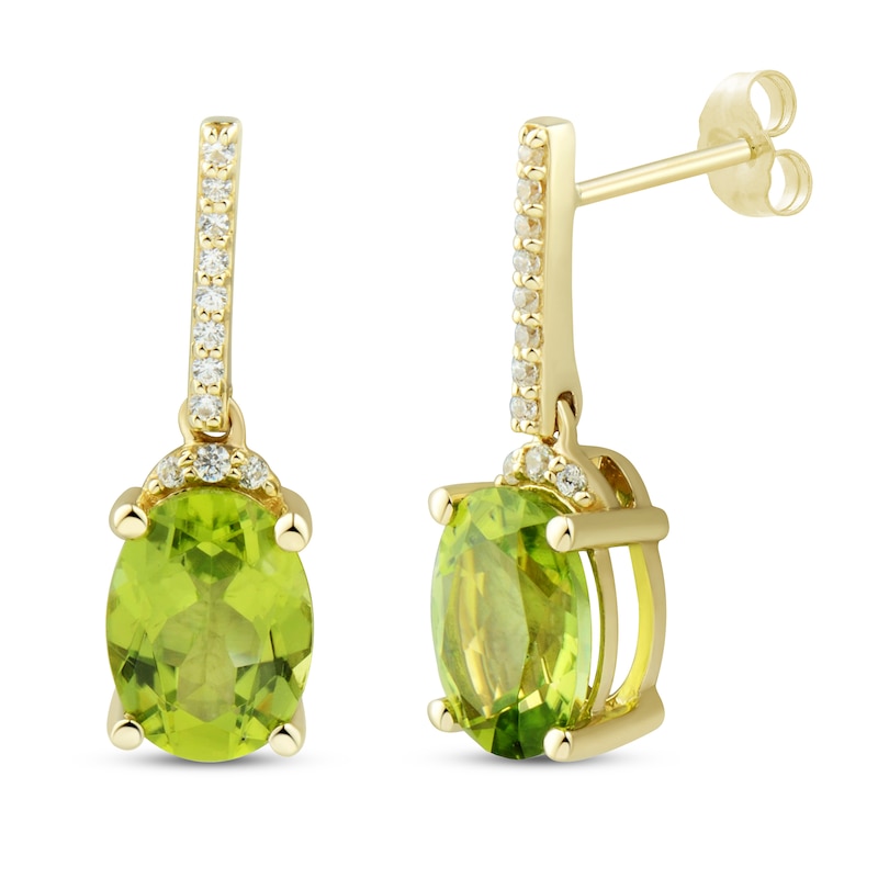 Main Image 1 of Oval-Cut Peridot & Round-Cut Diamond Drop Earrings 1/15 ct tw 10K Yellow Gold