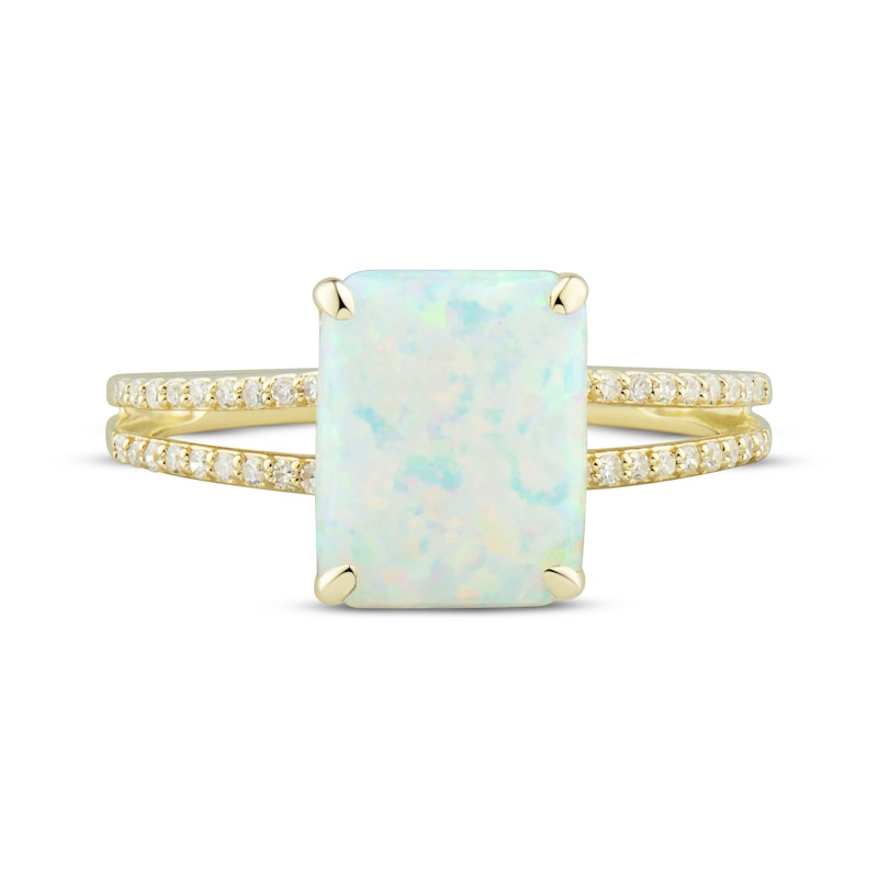 Emerald-Cut Lab-Created Opal & Round-Cut Diamond Ring 1/10 ct tw 10K Yellow Gold