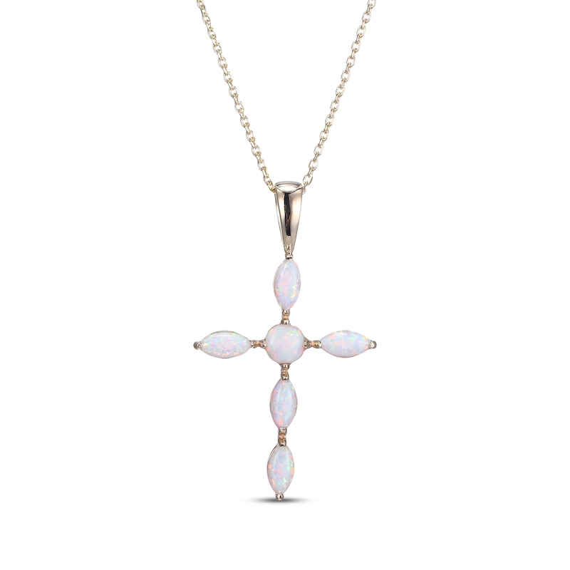 Main Image 1 of Marquise & Round-Cut Lab-Created Opal Cross Necklace 10K Yellow Gold 18”