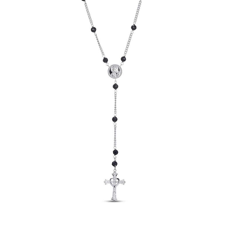 Main Image 1 of Black Spinel Bead & Round-Cut White Lab-Created Sapphire Rosary Necklace Sterling Silver 18”