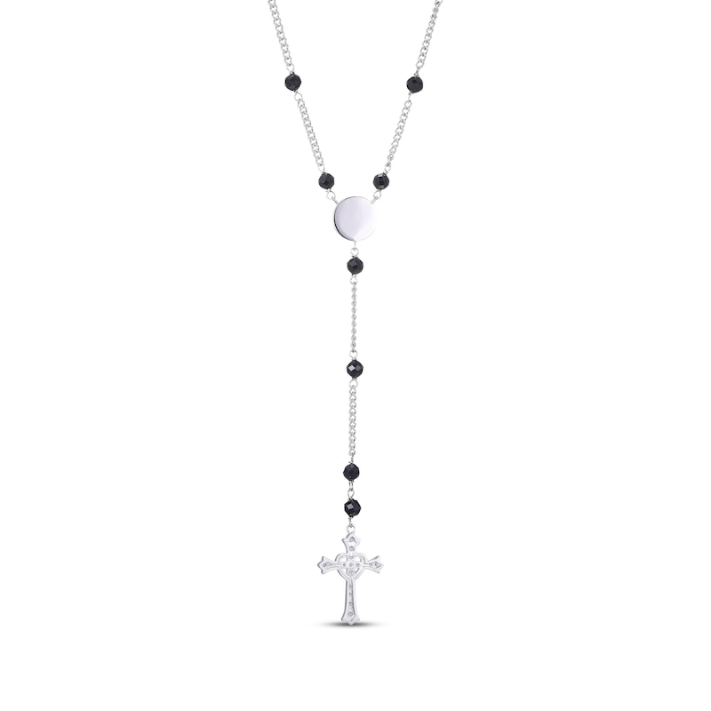 Main Image 3 of Black Spinel Bead & Round-Cut White Lab-Created Sapphire Rosary Necklace Sterling Silver 18”