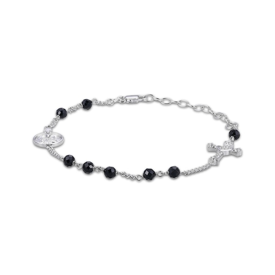 Black Spinel Bead & Round-Cut White Lab-Created Sapphire Rosary Bracelet Sterling Silver 7.5”