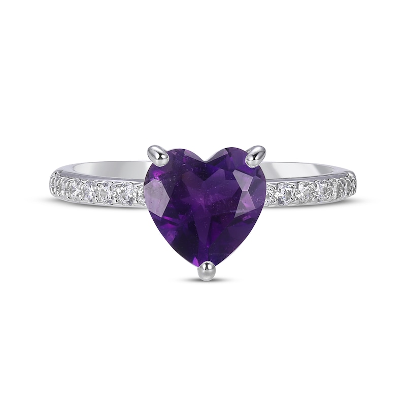 Heart-Shaped Amethyst & Round-Cut White Lab-Created Sapphire Ring Sterling Silver