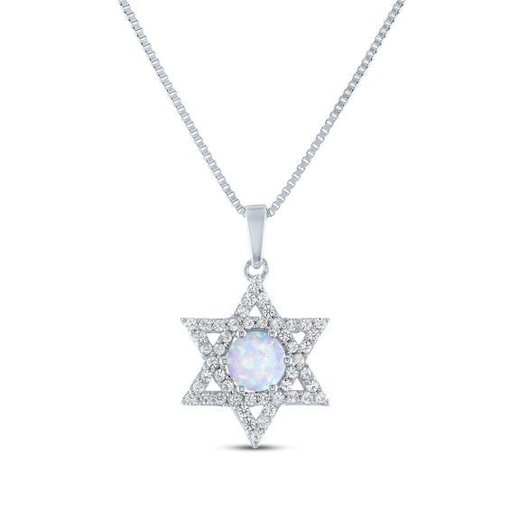 Round-Cut Lab-Created Opal & White Lab-Created Sapphire Star of David Necklace Sterling Silver 18"