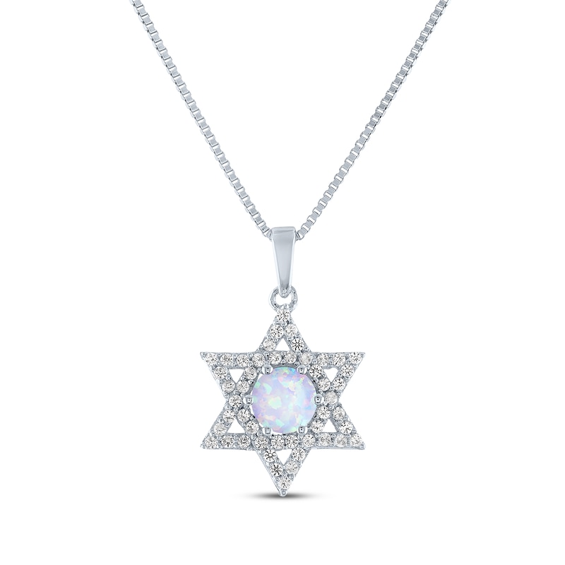 Main Image 1 of Round-Cut Lab-Created Opal & White Lab-Created Sapphire Star of David Necklace Sterling Silver 18"