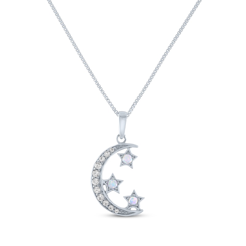 Round-Cut Lab-Created Opal & White Lab-Created Sapphire Moon & Star Necklace Sterling Silver 18"