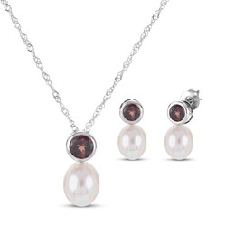 Cultured Pearl & Garnet Bezel Gift Set Sterling Silver