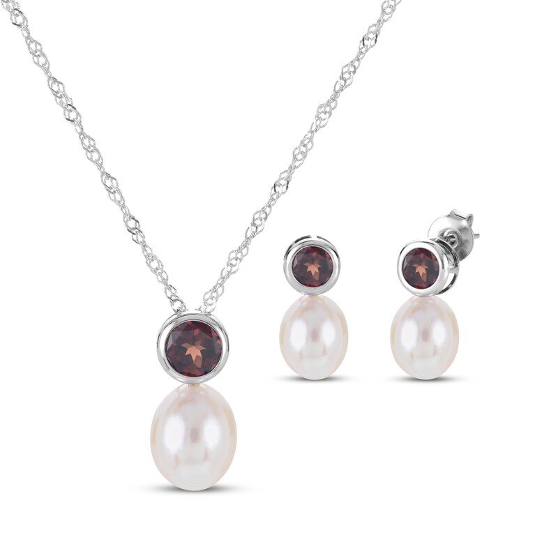 Main Image 1 of Cultured Pearl & Garnet Bezel Gift Set Sterling Silver