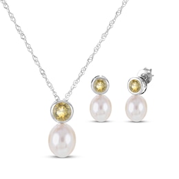 Cultured Pearl & Citrine Bezel Gift Set Sterling Silver
