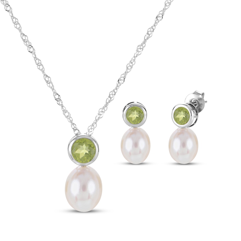 Main Image 1 of Cultured Pearl & Peridot Bezel Gift Set Sterling Silver