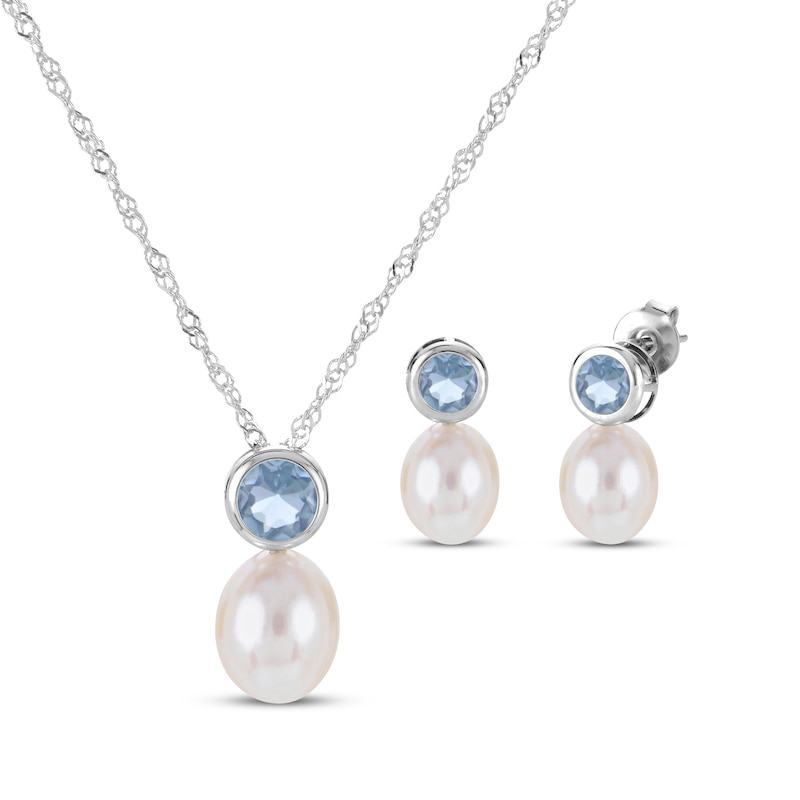 Main Image 1 of Cultured Pearl & Sky Blue Topaz Bezel Gift Set Sterling Silver