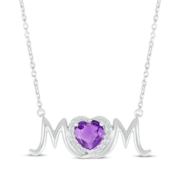 Heart-Shaped Amethyst & White Lab-Created Sapphire "Mom" Necklace Sterling Silver 18”