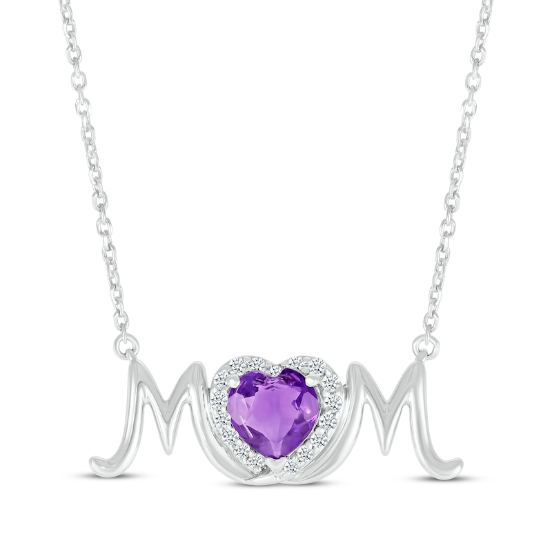 Main Image 1 of Heart-Shaped Amethyst & White Lab-Created Sapphire "Mom" Necklace Sterling Silver 18”