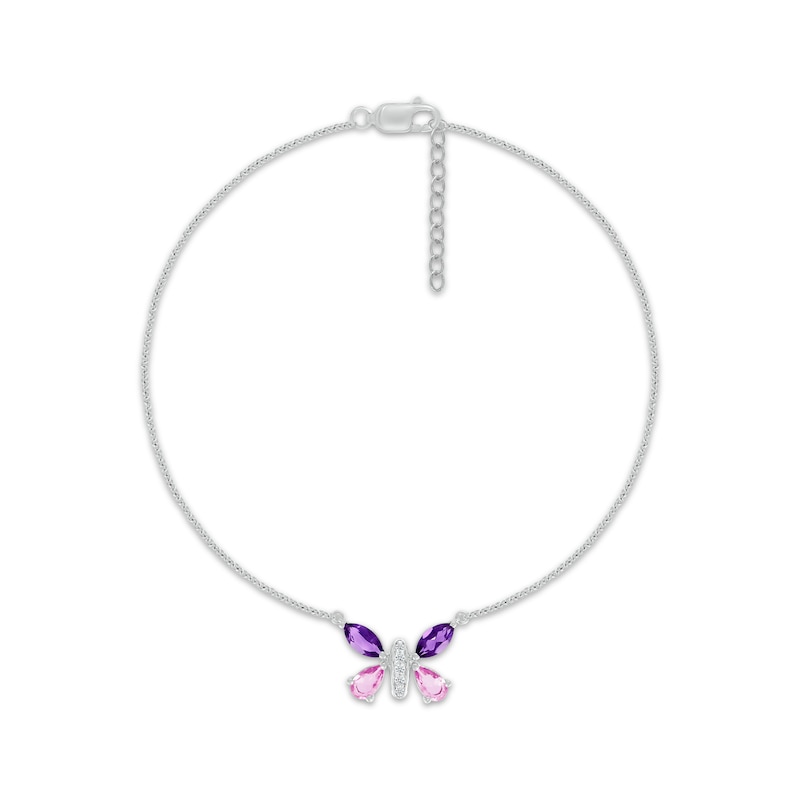 Multi-Shape Amethyst, Pink & White Lab-Created Sapphire Butterfly Anklet Sterling Silver 10”