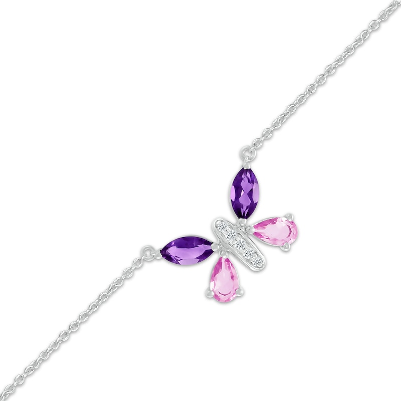 Multi-Shape Amethyst, Pink & White Lab-Created Sapphire Butterfly Anklet Sterling Silver 10”