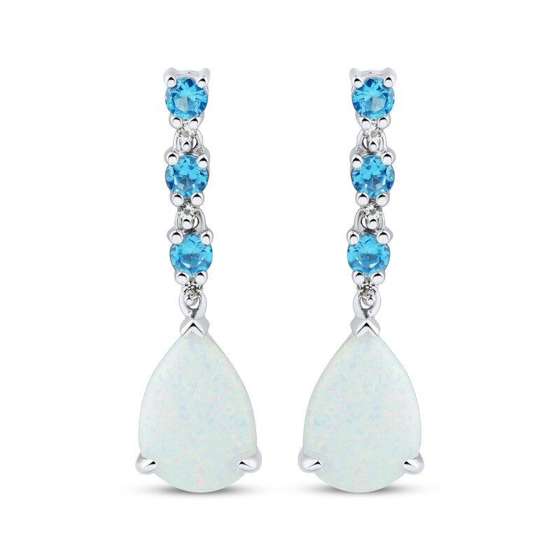 Main Image 1 of Pear-Shaped Lab-Created Opal, Swiss Blue Topaz & White Topaz Drop Earrings Sterling Silver