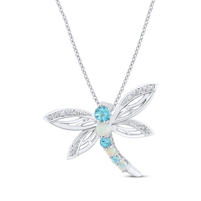 Main Image 1 of Swiss Blue Topaz, Lab-Created Opal & Diamond Accent Dragonfly Necklace Sterling Silver 18”