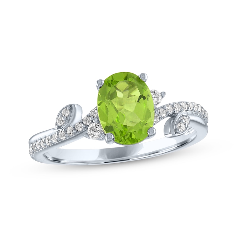 Main Image 1 of Oval-Cut Peridot & White Lab-Created Sapphire Leaf & Vine Ring Sterling Silver