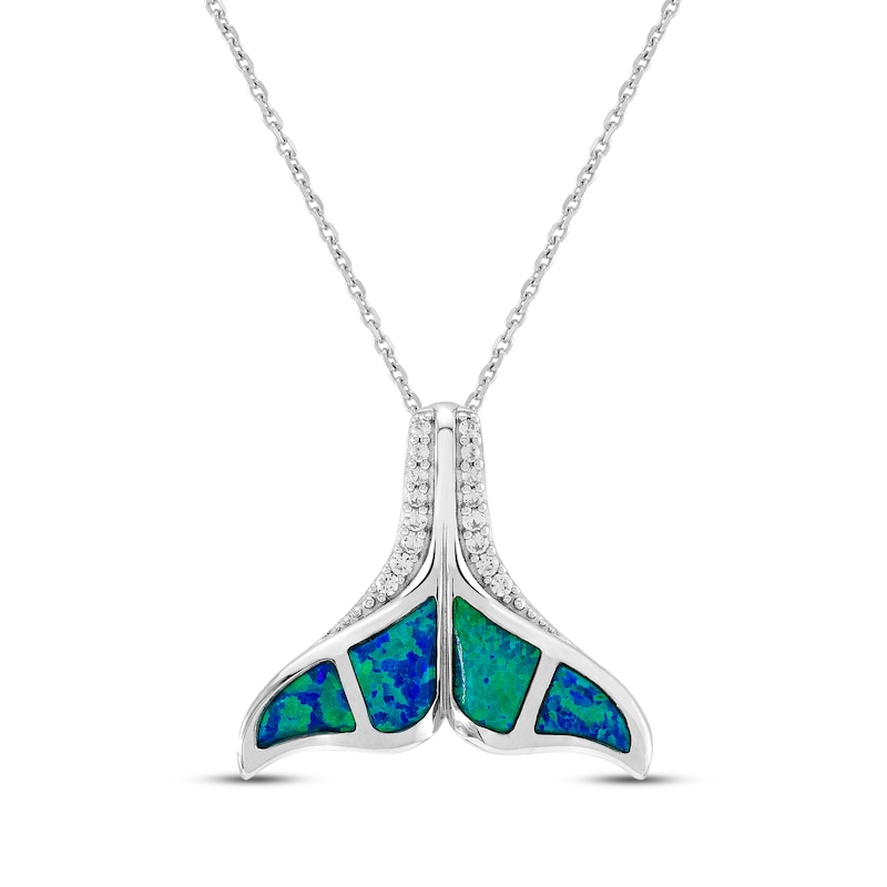 Main Image 1 of Blue-Green Lab-Created Opal & White Lab-Created Sapphire Whale Tail Necklace Sterling Silver 18"
