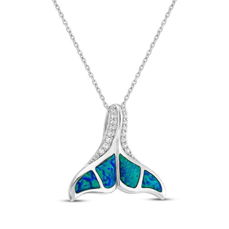 Main Image 2 of Blue-Green Lab-Created Opal & White Lab-Created Sapphire Whale Tail Necklace Sterling Silver 18"