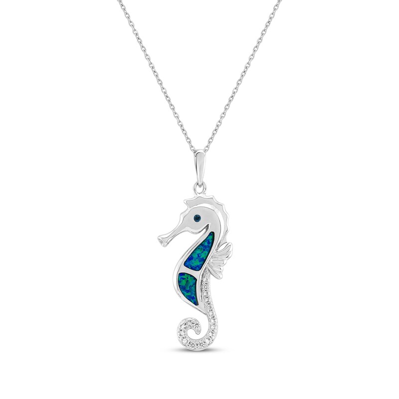 Main Image 1 of Blue-Green Lab-Created Opal, White Lab-Created Sapphire & London Blue Topaz Seahorse Necklace Sterling Silver 18"