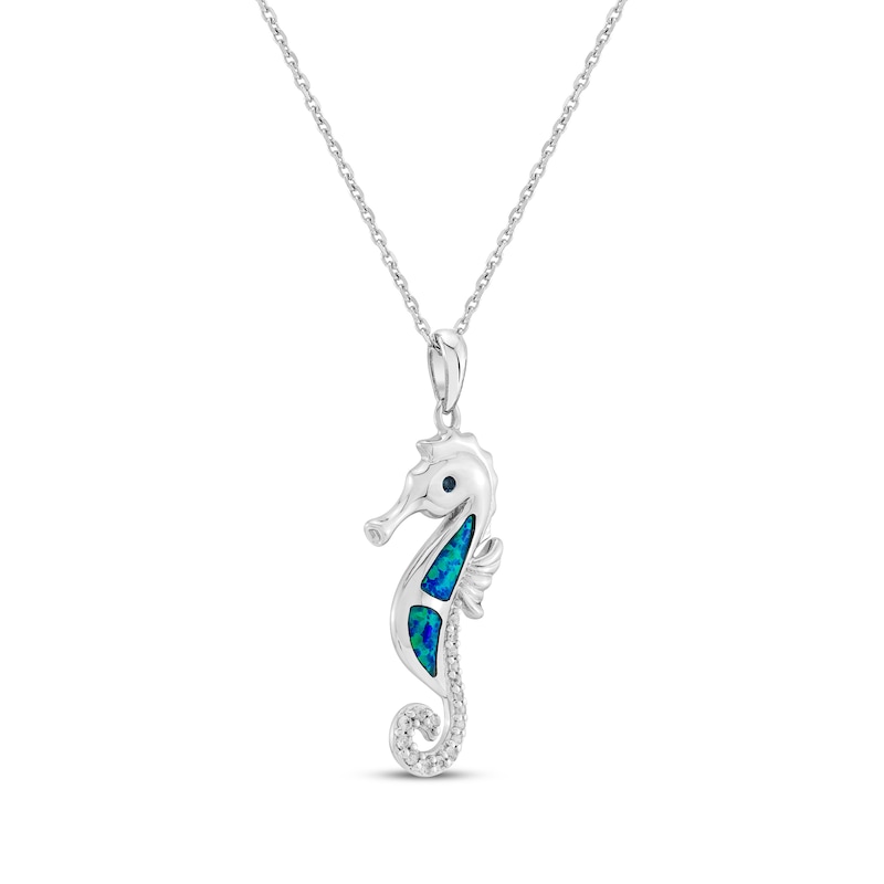 Blue-Green Lab-Created Opal, White Lab-Created Sapphire & London Blue Topaz Seahorse Necklace Sterling Silver 18"