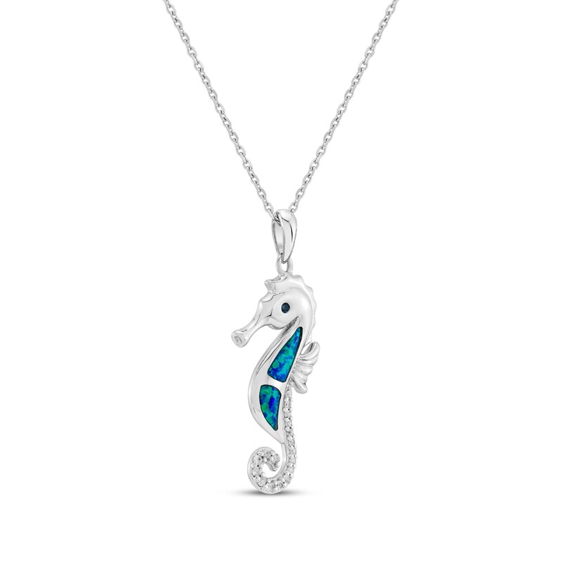 Main Image 2 of Blue-Green Lab-Created Opal, White Lab-Created Sapphire & London Blue Topaz Seahorse Necklace Sterling Silver 18"