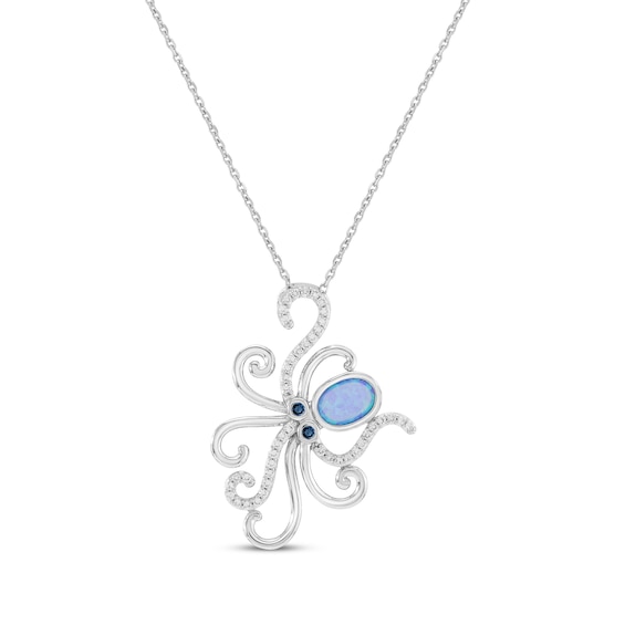 Oval-Cut Blue Lab-Created Opal, White Lab-Created Sapphire & London Blue Topaz Octopus Necklace Sterling Silver 18"