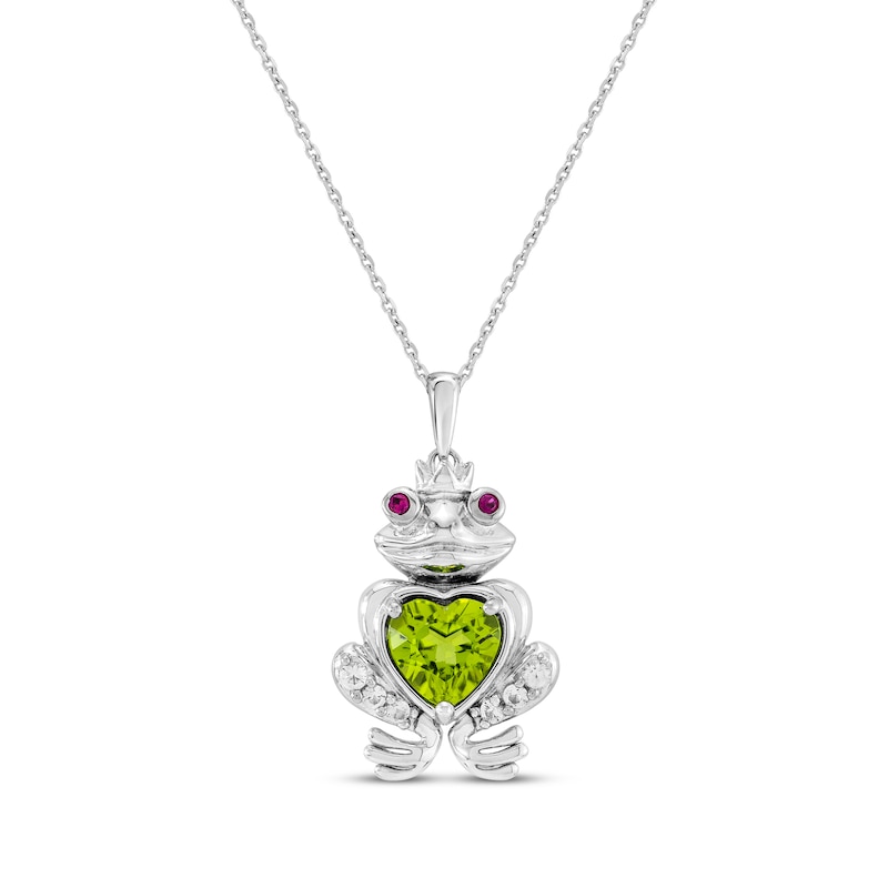 Main Image 1 of Heart-Shaped Peridot, Lab-Created Ruby & White Lab-Created Sapphire Frog Prince Necklace Sterling Silver 18"